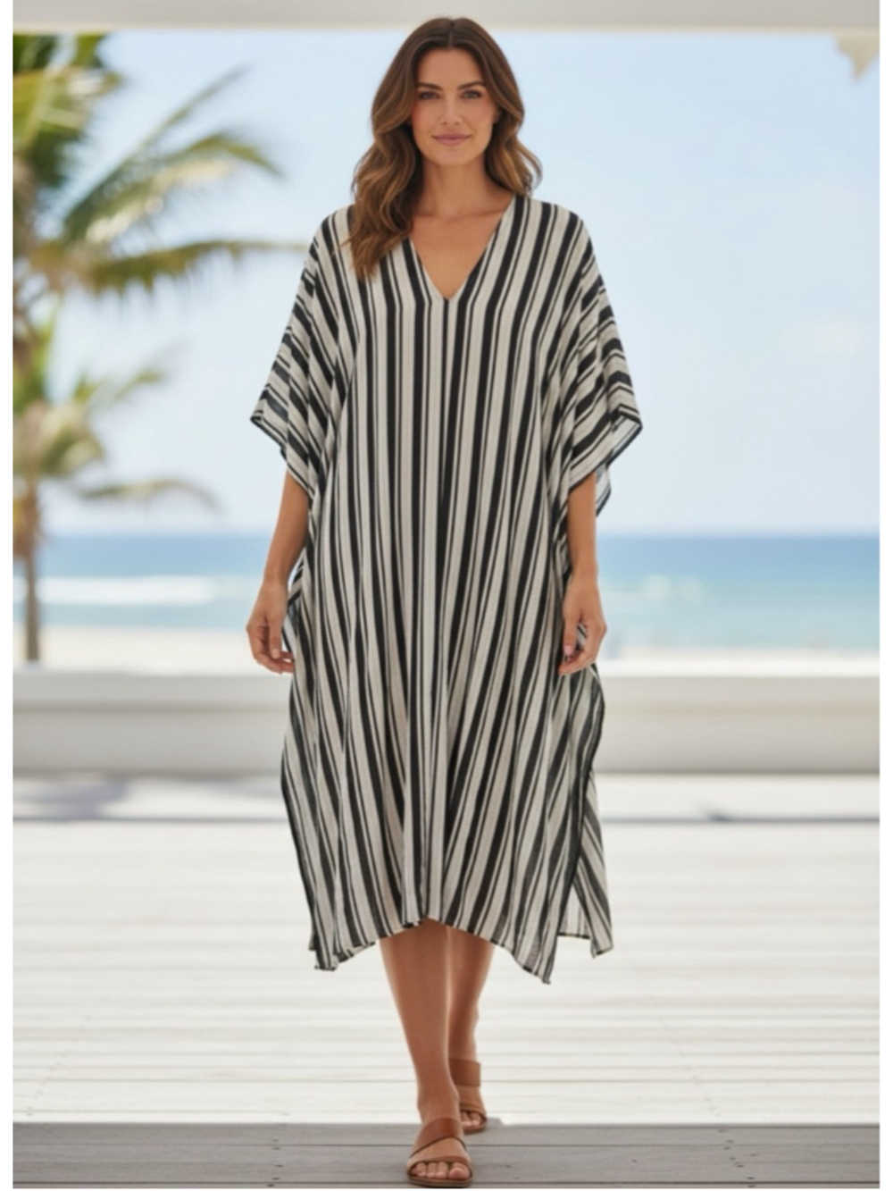 MARIE FRANCE VAN DAMME Striped Kaftan Cover Up one Sz